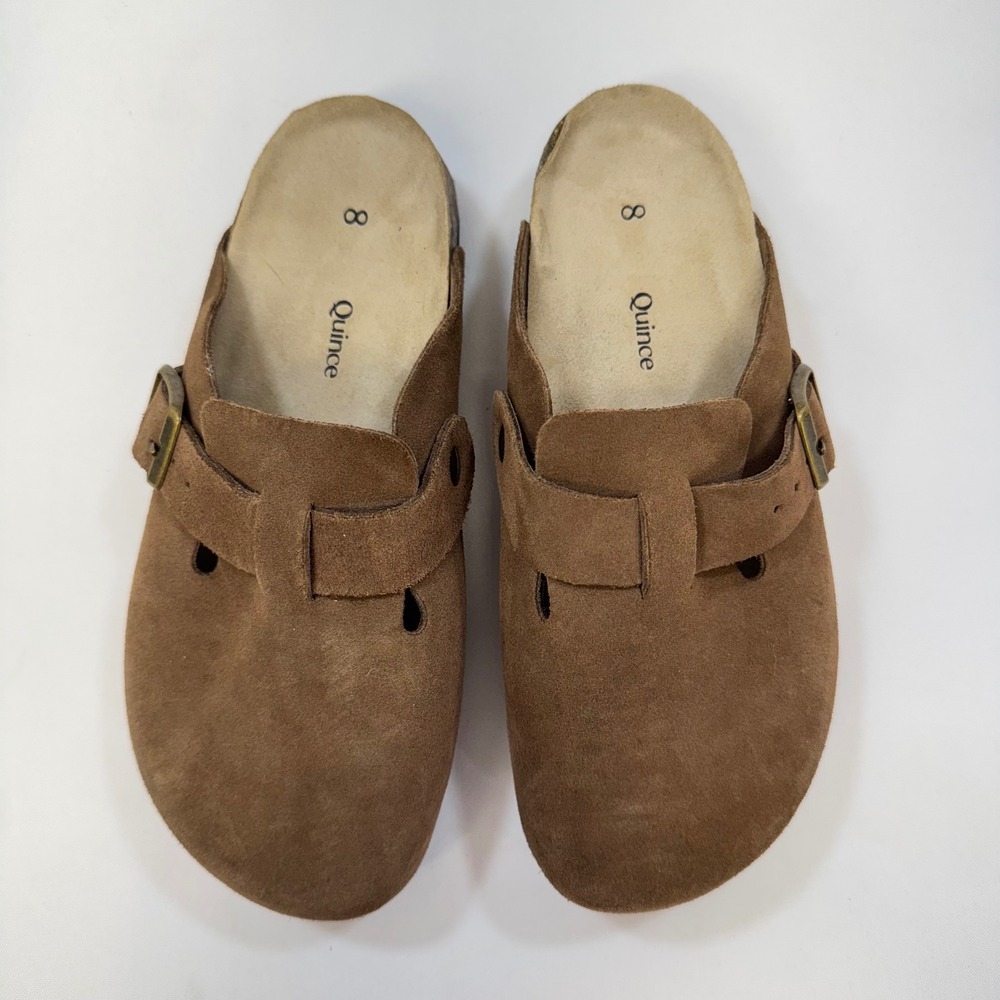 Quince Suede Clog Mules Women Size 8 Brown Buckle Strap Cork Footbed Shoes - Picture 3 of 12